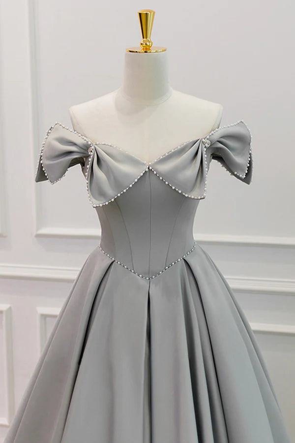 Wholesale Gray Satin Floor Length Formal Dress with Pearls Cute A-Line Prom Dress